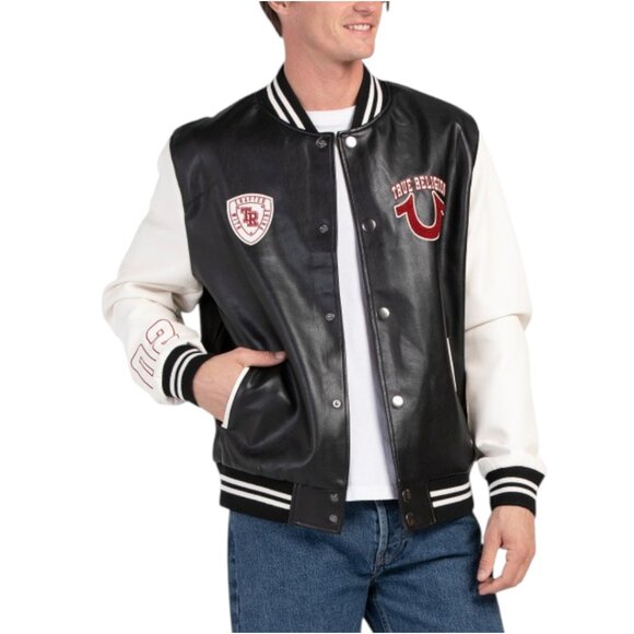 TRUE RELIGION Faux Leather Patch Varsity Jacket - Picture 1 of 2